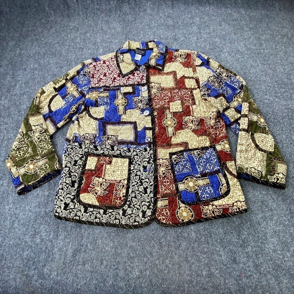 VTG KOOS of Course Quilted Silk Jacket L Reversible Patchwork‎ Boho Cottage Y2K